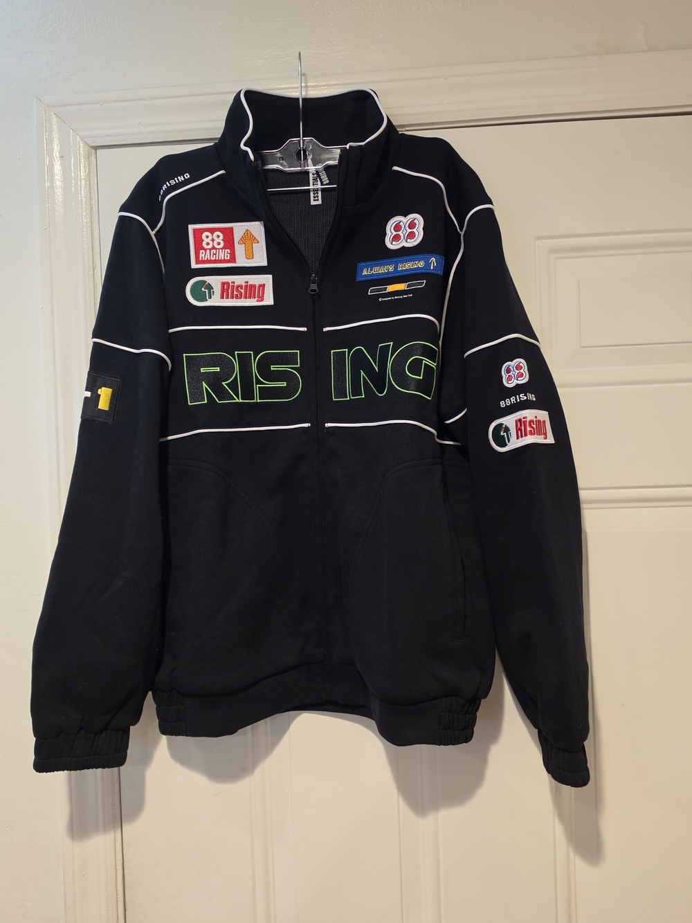 Essentials Black Racing Patch Bomber Jacket with Green Accents
